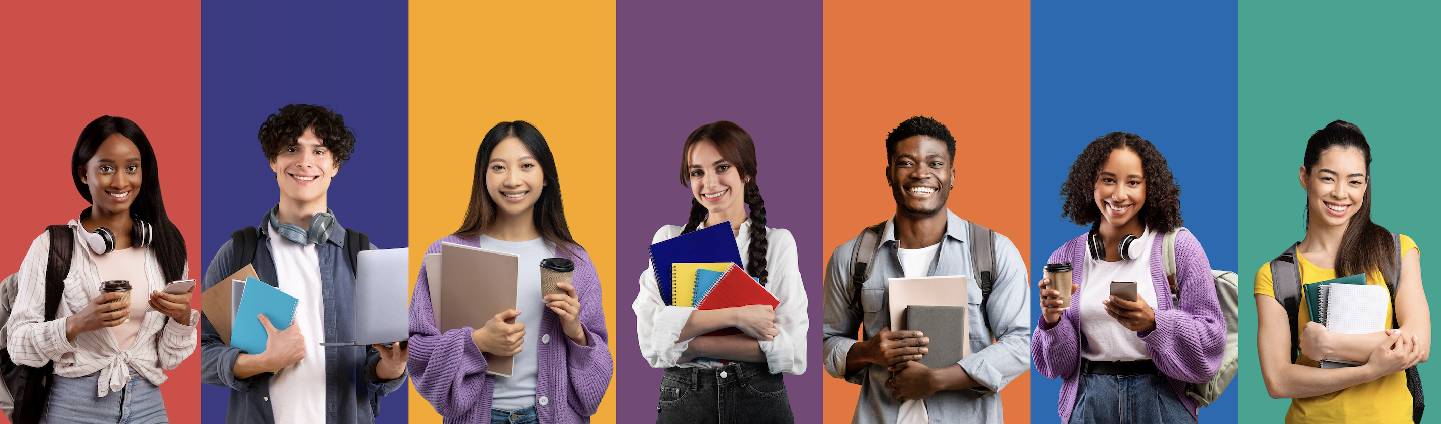 Happy secondary students with colorful striped background